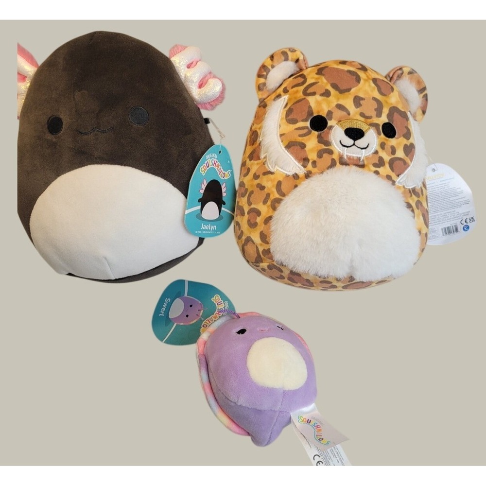 Squishmallows Plush Bundle Jaelyn Axolotl Cherie Saber Swerl Snail Black Purple